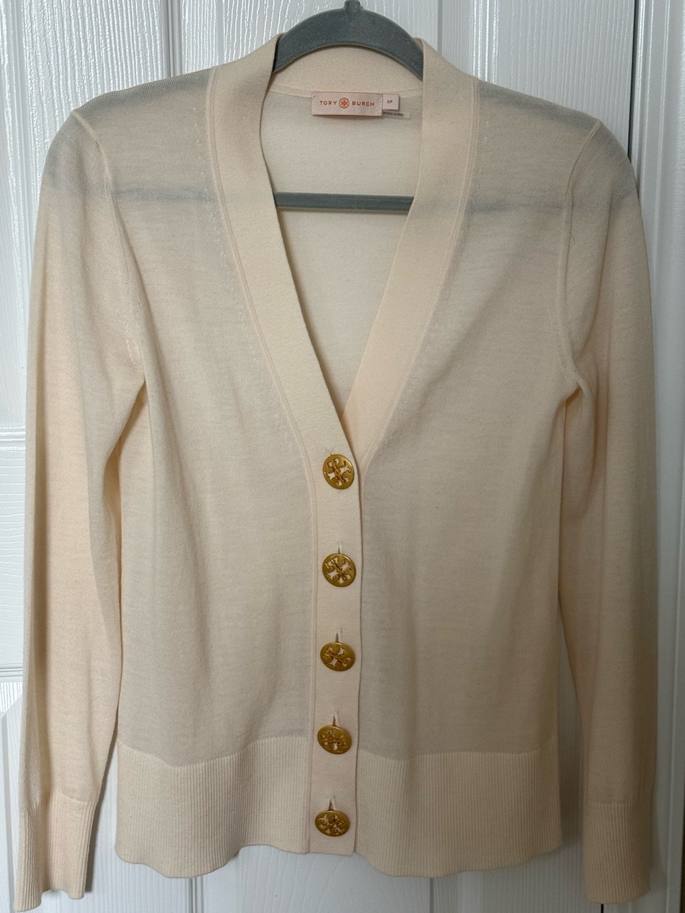 NWOT Tory Burch Cream Button-Front V-Neck Cardigan with Gold Buttons